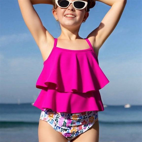 RTKFRFLM Girls Two Piece Bikini Swimsuit Floral Print Tankini with Ruffle Trim, Swimwear for Youth