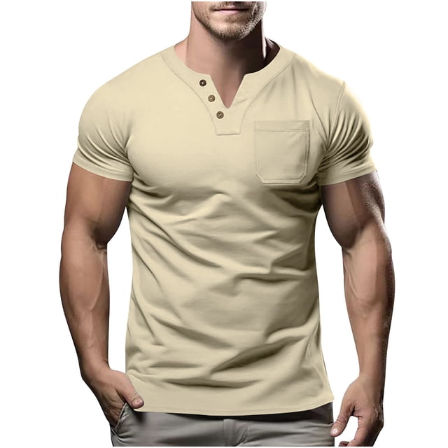 Bajo Camisas para Hombres Color Sólido V-Cuello Botón Manga Corta, Casual Turndown Cuello Blusa para Diario