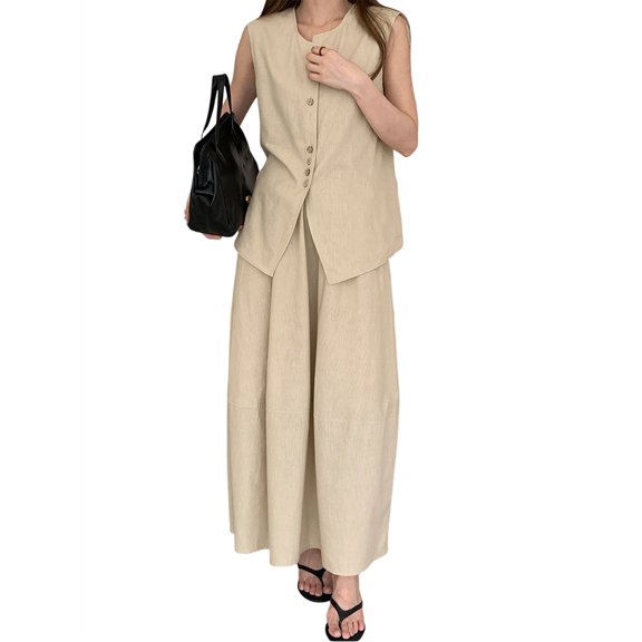 Women 2 Piece Sets Summer Outfit,V-Neck Vest Top Flowy Maxi Skirt Khaki M