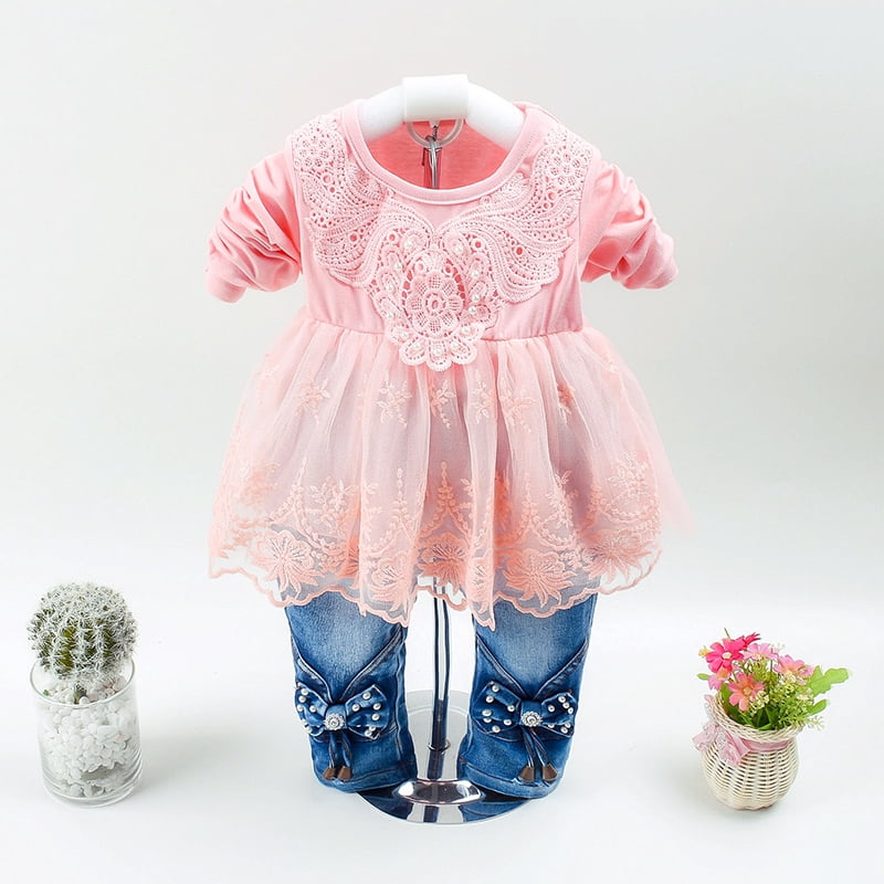 Peacolate Spring Autumn Infant Baby Girl Denim Clothing Sets 3 pcs Long Sleeve T-Shirt Denim Jacket and Jeans Trousers Pants,Pink,6-12Months