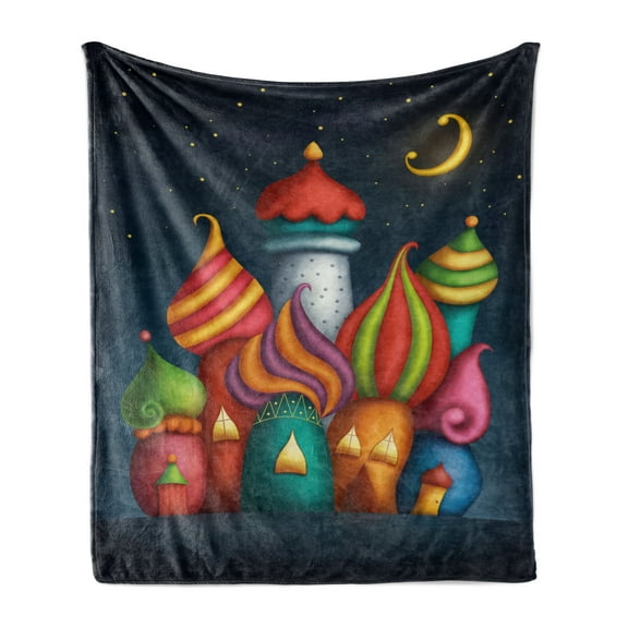 Fantasy Soft Flannel Fleece Throw Blanket, Oriental Style Castles Under Starry Sky Fairytale Kids Playroom Graphic, Cozy Plush for Indoor and Outdoor Use, 50" x 60", Multicolor, by Ambesonne