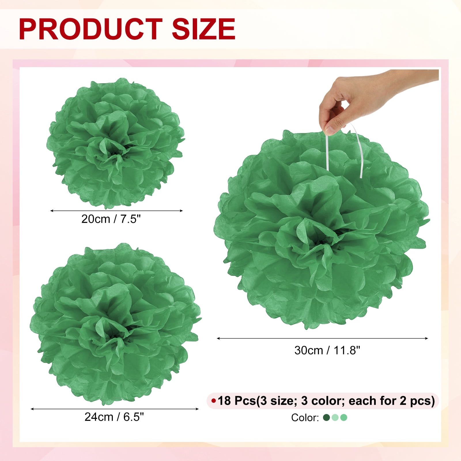 8" 10" 12" Tissue Paper Pom Poms, 18PCS Pom Poms Paper Flowers Ball Tissue Paper Flowers Assorted Size for Wedding Bridal Shower Birthday Party Backdrop Decoration, Green Tone