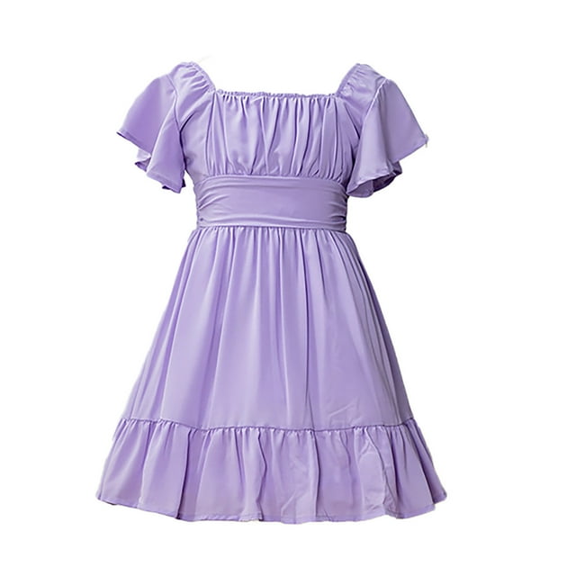 Hpapadks Robe pour Filles, Dos Noué, Épaules Dénudées, Robe Unie à Volants, Violet TTG/160