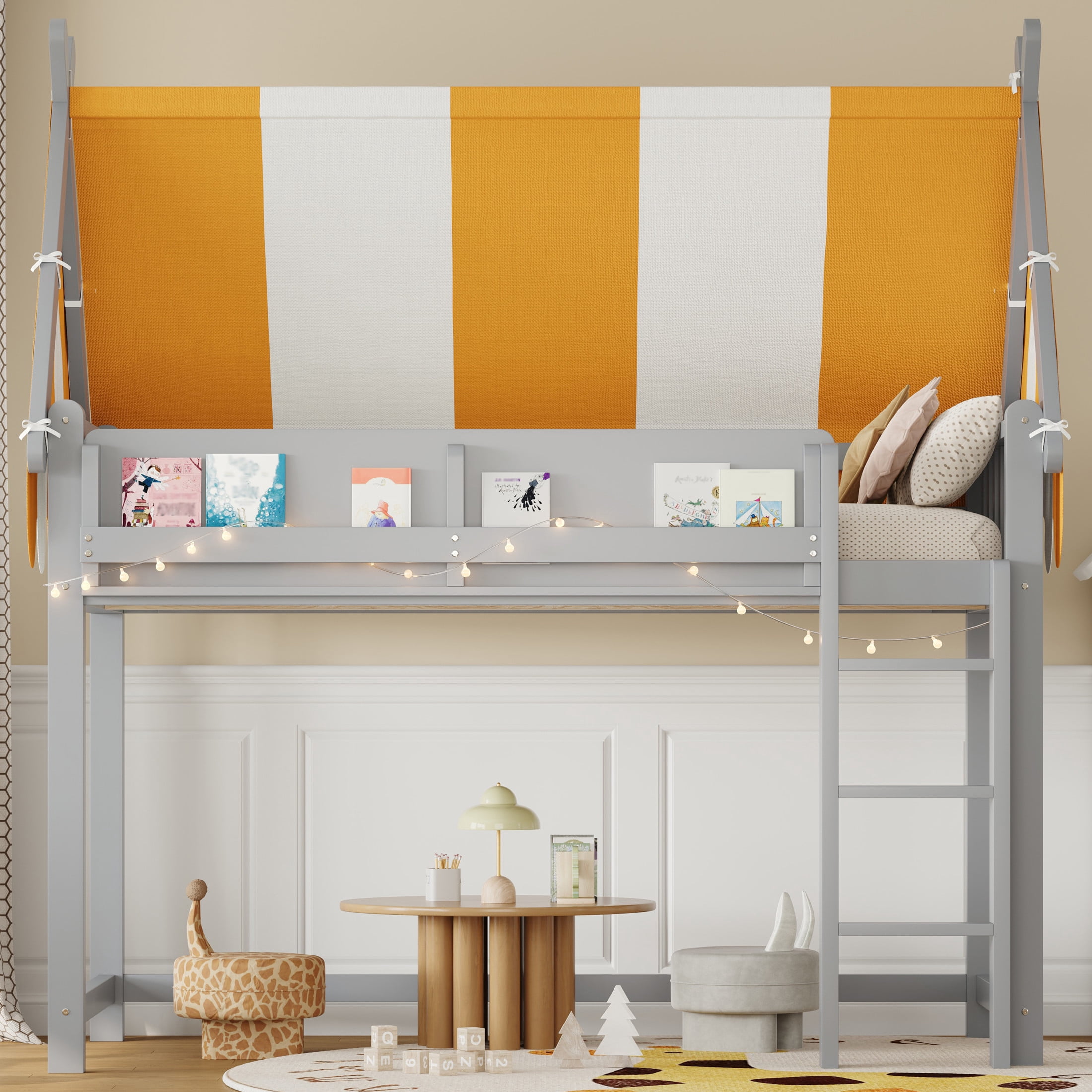 Noble House Sidney Twin Size Loft Bed with Canopy and LED Lights, Wood Loft Bed with Bookshelf, Playful Design, Gray