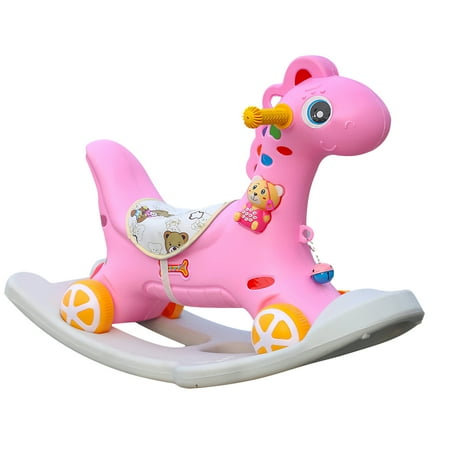 Baby Rocking Horse Light Blue/Pink Cute Trojan Horse Chair Stable Anti-slip Baby Shaky Chair for Baby Birthday with Early Education Puzzle Bear