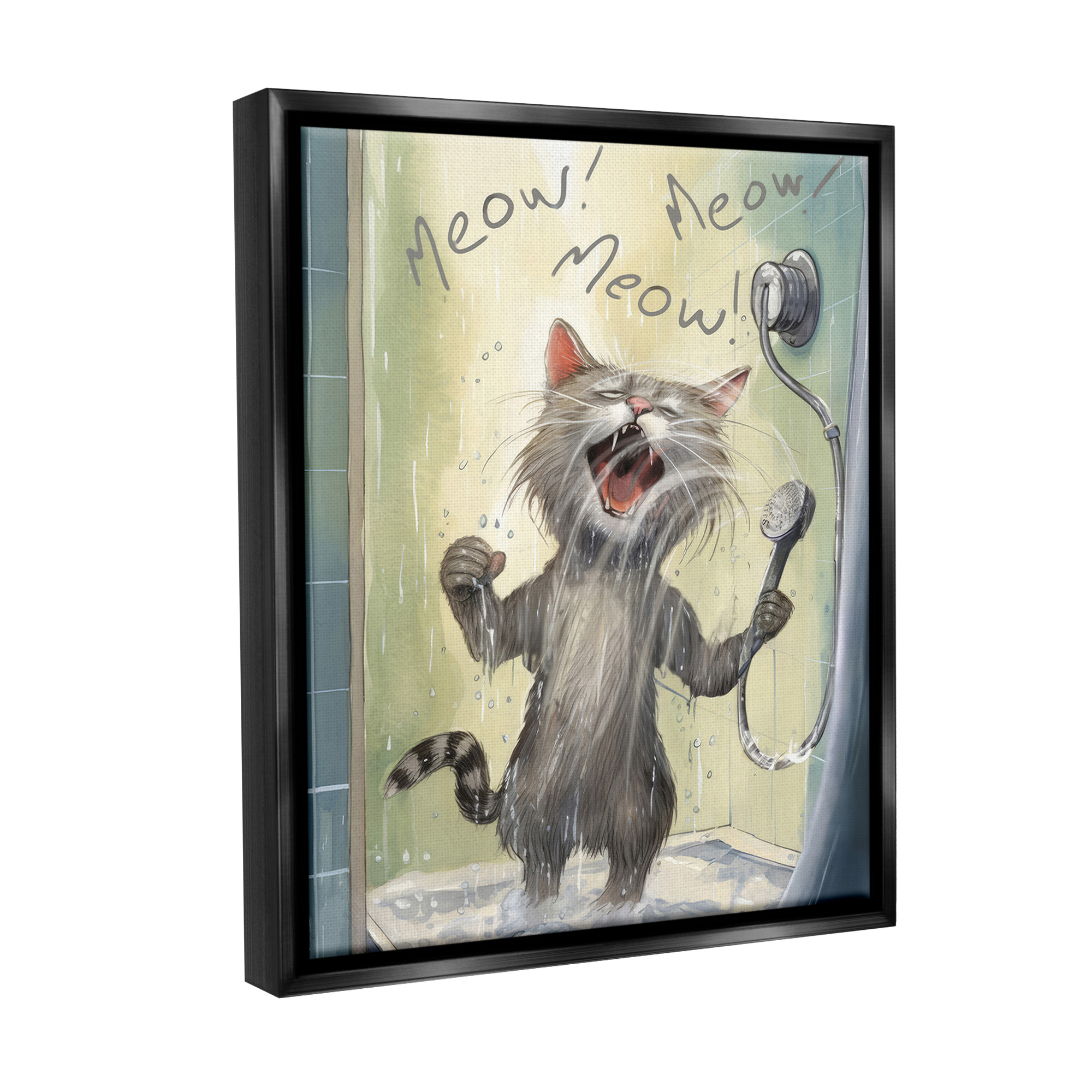 Stupell Industries Cat Singing in Shower Animals & Insects Painting Black Floater Framed Canvas Art Print Wall Art, 17 x 21