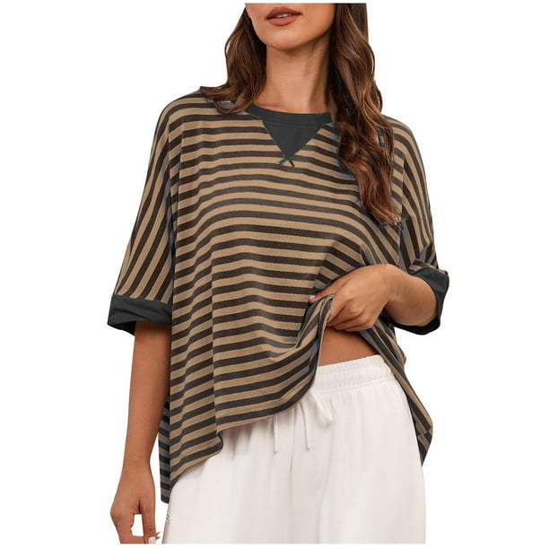 Fiudx Ofertas Flash Del Día Blusas Estampadas a Rayas con Cuello Redondo para Mujer, Top Holgado de Manga Corta con Bloques de Color