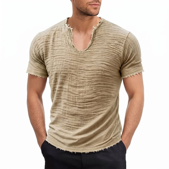 100 Percent Cotton T-Shirts for Men Jerdar Men's Solid Color Pleated Frayed Edges Special V-neck Short-sleeved Shirt