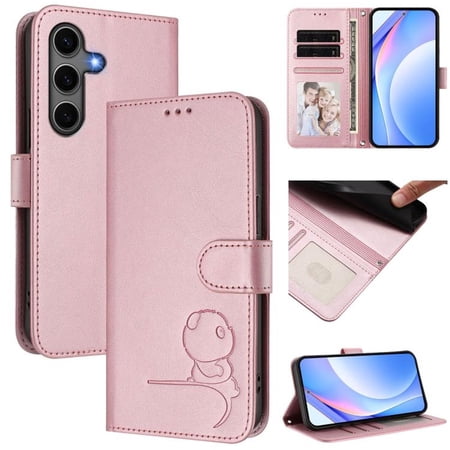 For Samsung Galaxy S24+ 5G Litter Panda Embossing Leather Phone Case with RFID Blocking Card Slot Wallet Magnetic Clasp Lanyard Flip Stand Case,Pink,For Galaxy S24+ 5G