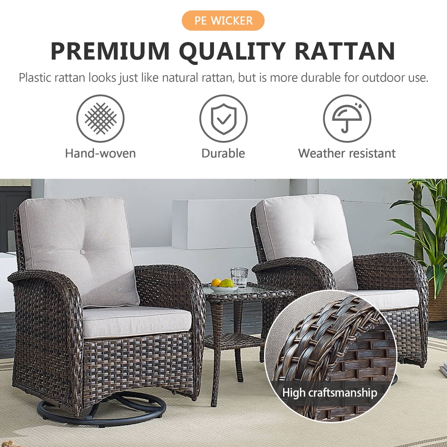 POCASSY 5PCS Outdoor Patio Furniture Set, Patio Furniture Set with Fire Pit Table Wicker Patio Couch Outdoor Swivel Chair and 43" Propane Firepit Table Rectangular, Brown Wicker & Beige Cushion
