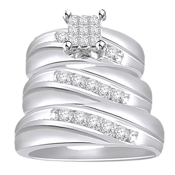 AFFY White Natural Diamond Engagement & Wedding Trio Band Ring Set In 14k White Gold Over Sterling Silver (0.67 Cttw)