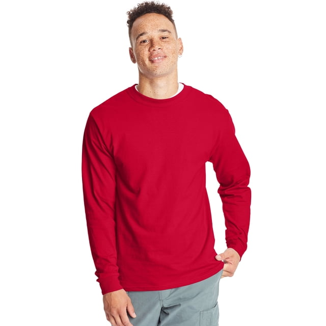 Hanes Beefy-T T-Shirt Unisexe à Manches Longues Lot de 2, TG, Rouge Profond