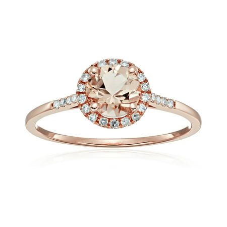 10k Rose Gold Morganite And Diamond Classic Princess Di Halo Engagement Ring (1/10cttw, H-I Color, I1-I2 Clarity), Size