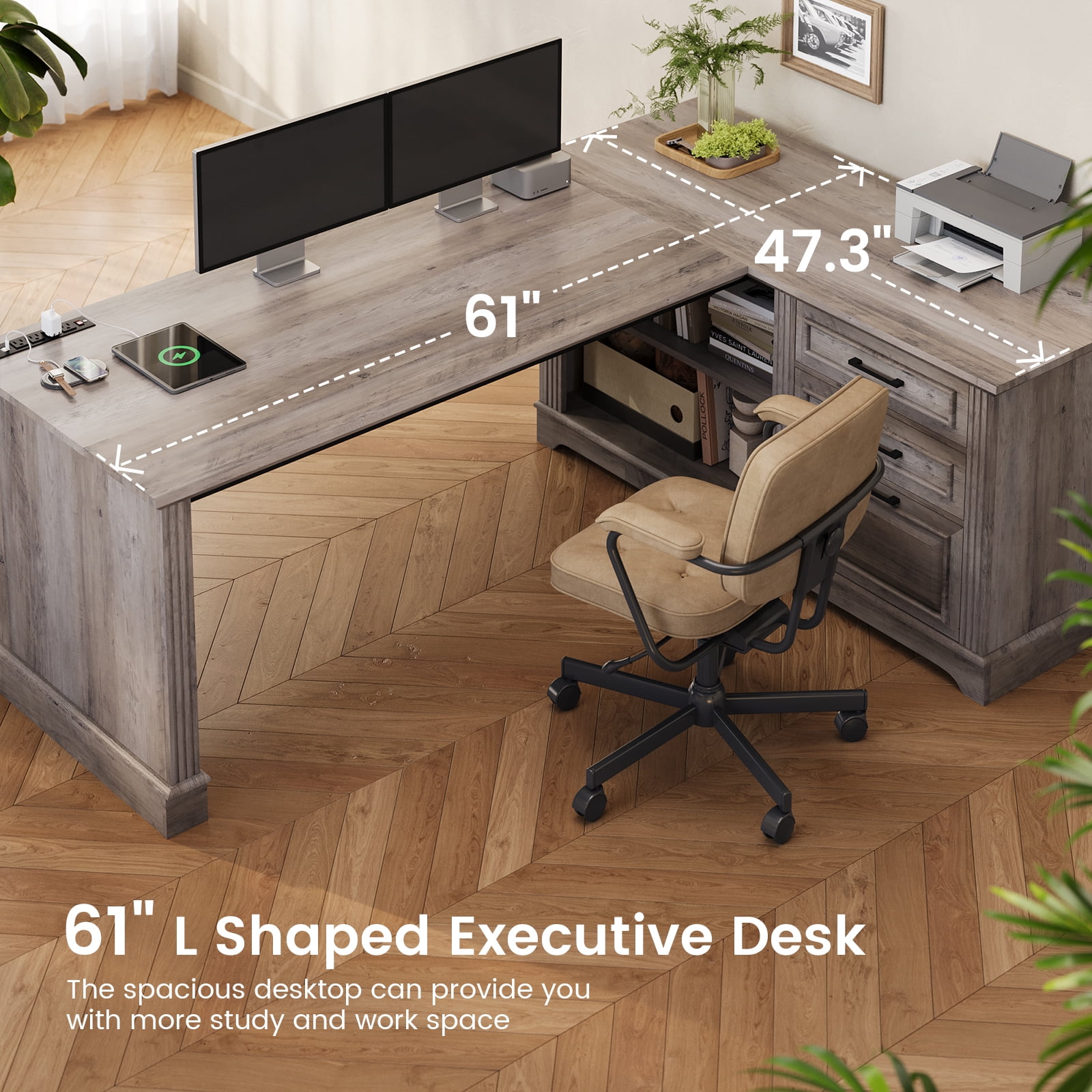 Farmhouse L Shaped Desk, 61" Wood Executive Deskwith Large Desktop and Storgae, Home Office Desk with Drawers and Open Shelves, Computer Desk with Power Outlets, Spacious PC Workstation, Grey