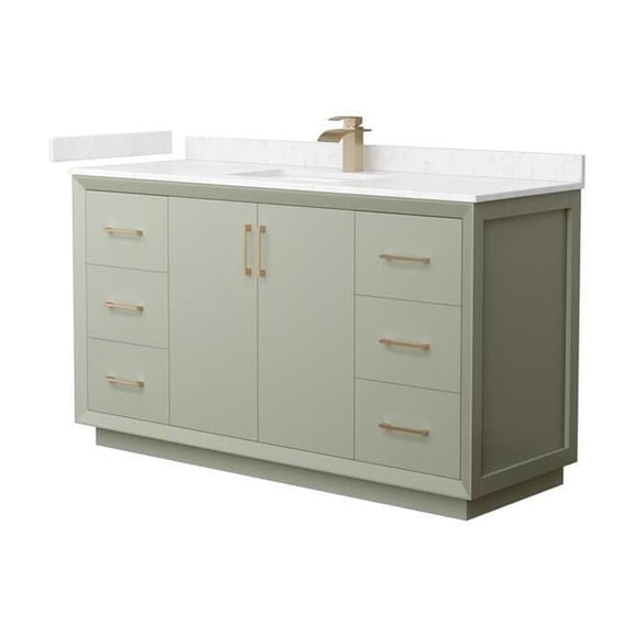 60" Bathroom Vanity - Light Green Marble Countertop, Sink & Satin Bronze Trim