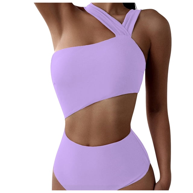 Gibobby Traje de baño sexy de una pieza Traje de baño de un solo color para mujer Traje de baño de una pieza de una cintura Hombro Trajes de baño de una (Morado,CH)