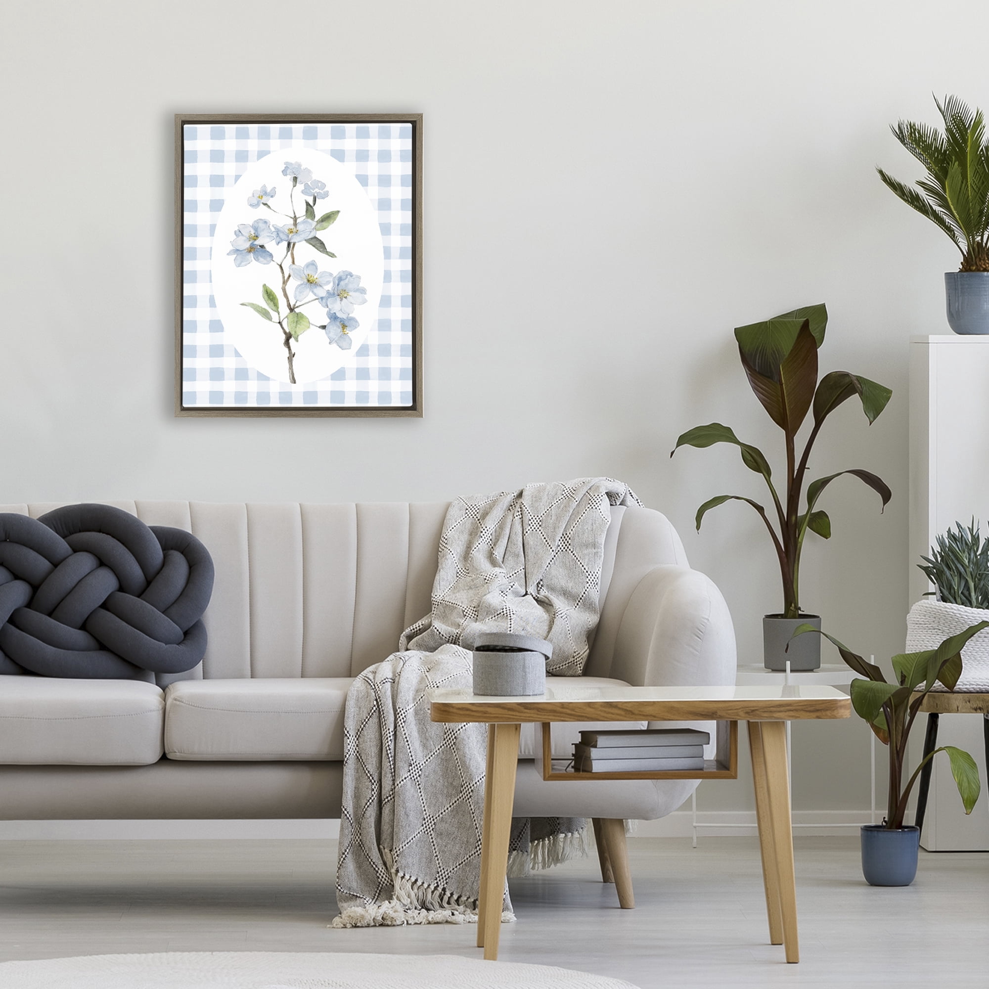 Stupell Industries Blooms on Blue Checkers Brown Framed Floater Canvas Wall Art, design by Lanie Loreth