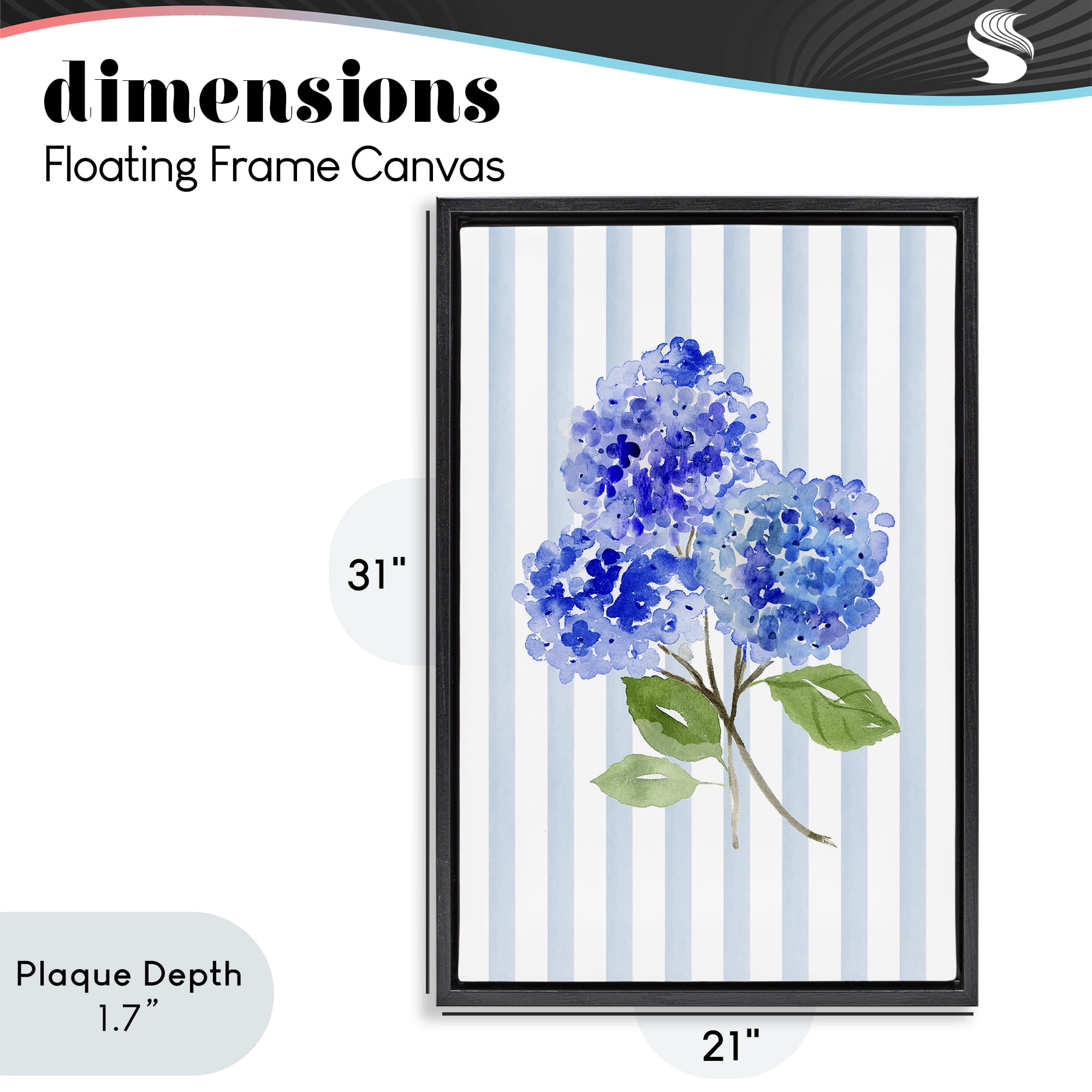 Stupell Industries Blue Hydrangeas over Stripes Black Framed Floater Canvas Wall Art, design by Corinne Haig