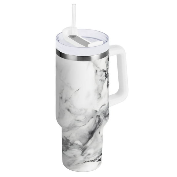 JSTEL White Marble Modern 40 oz Tumbler Stainless Steel Water Bottle Vacuum Insulated Cup with Straw Lid & Handle For Travel Car Cup Holder