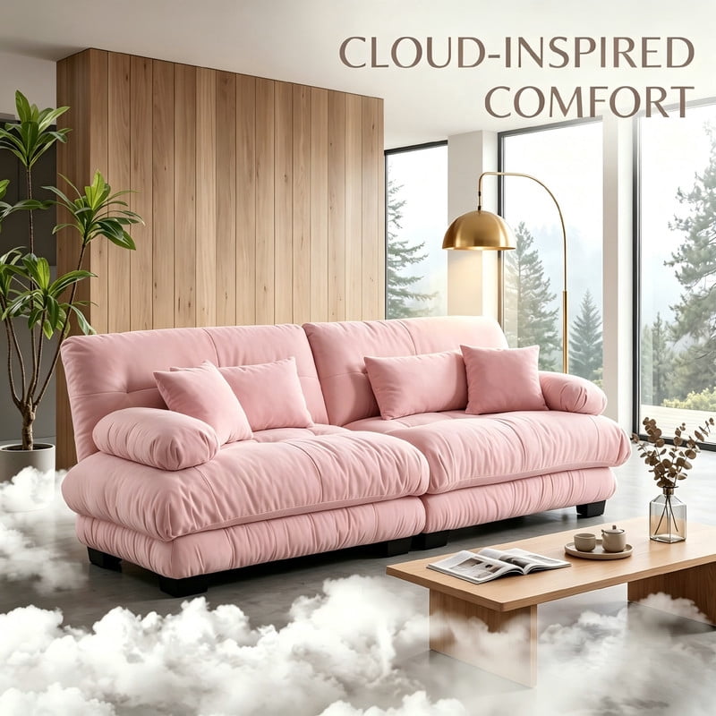 ANPPORT Cloud Couch Sleeper Sofa, Chenille Pink 2-Seater Modular Sofa, 2 Lumbar pillows, 2 Pillows, Comfy Deep Seat Cloud Sofa, Convertible L-Shaped Floor Couch for Living Room
