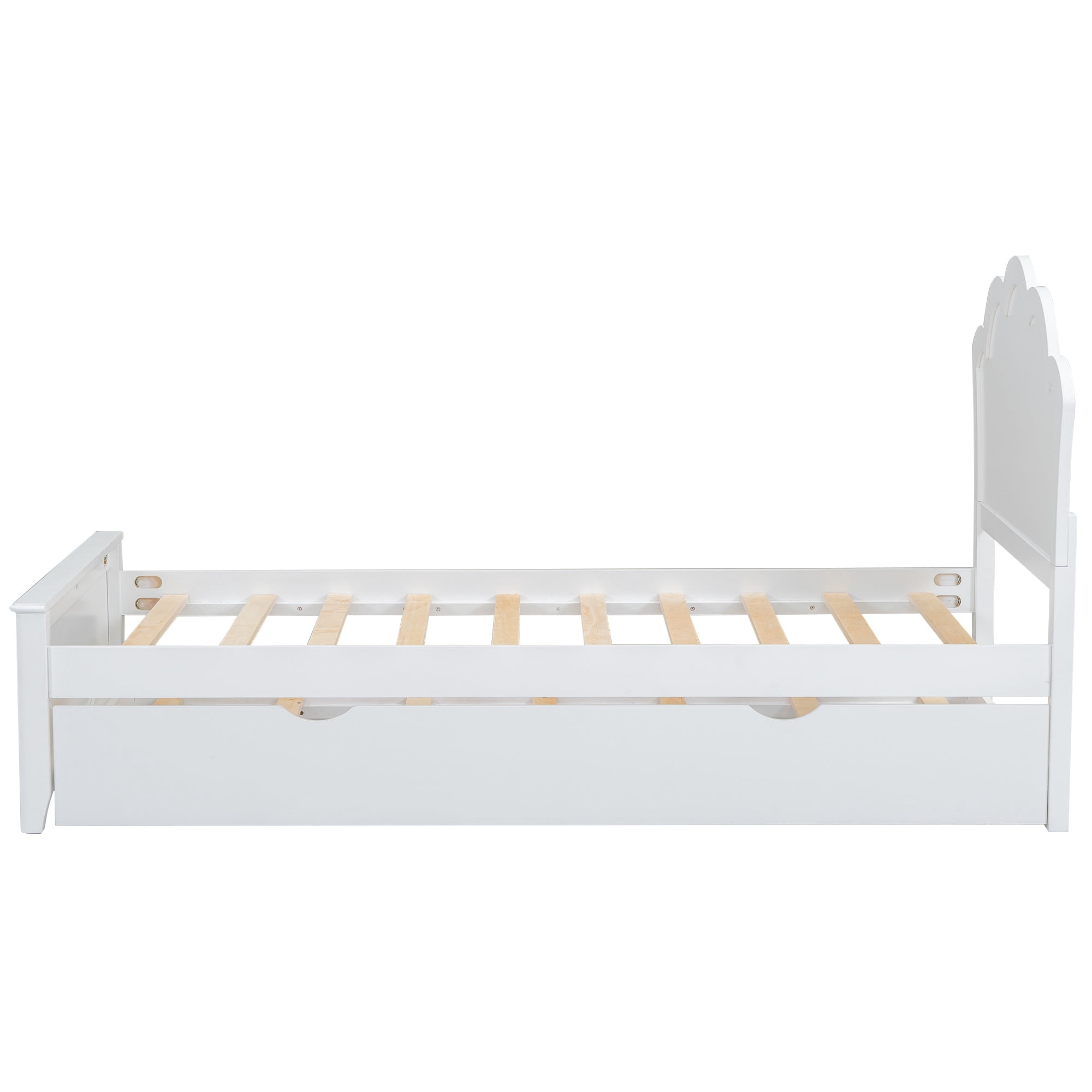 Euroco Wood Twin Size Platform Bed Frame, Heavy Duty Storage Bed with Trundle Bed for Kids and Adults, No Box Spring Needed, White