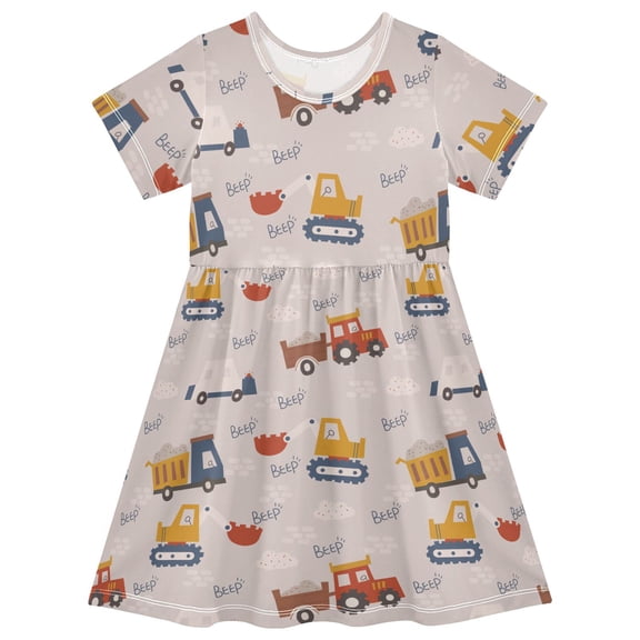 joogoo Excavator Bricks Pattern Girls' Short Sleeve Dress Kids Dresses 5-6T