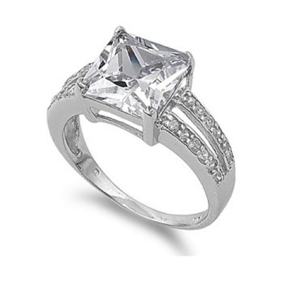 Princess Cut Center Cubic Zirconia Ring Sterling Silver 925 Size 10