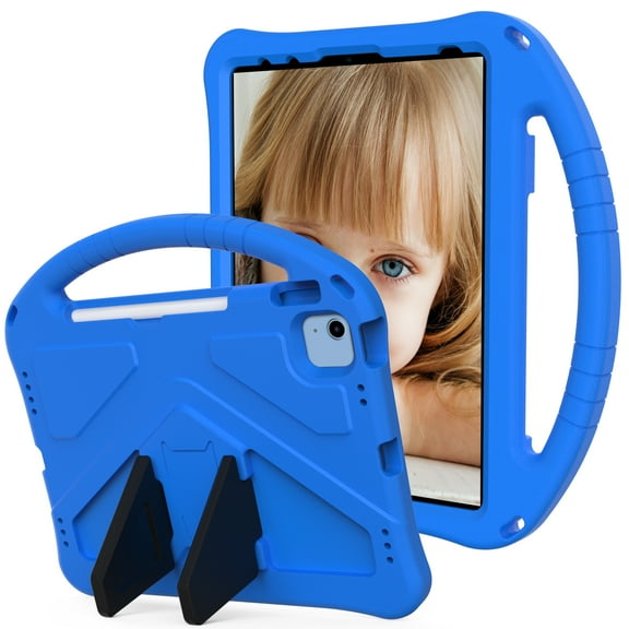 Case Compatible With iPad 6th/5th Gen 9.7"(2018/2017),Kids Friendly,With Handle and Contractible Kickstand,Lightweight Shockproof Rugged EVA Drop-proof Cute Cover Case,Blue