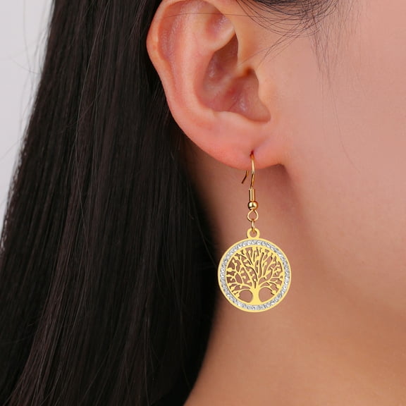 Tree of Life 14K Yellow Gold Crystal Stud Earrings Vintage Earrings Jewelry Birthday Gift