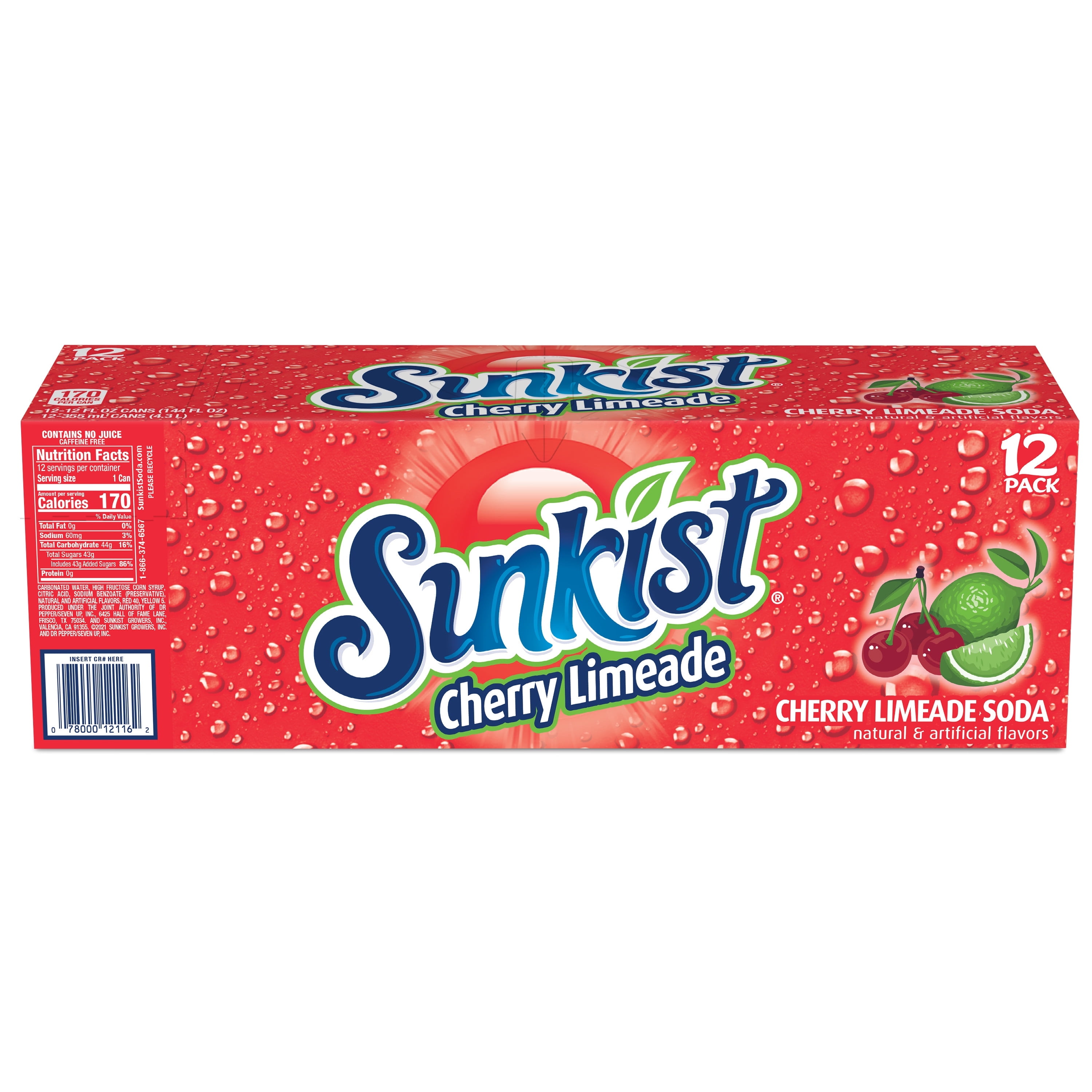 Sunkist Caffeine Free Cherry Limeade Soda Pop, 12 fl oz, 12 Pack Cans