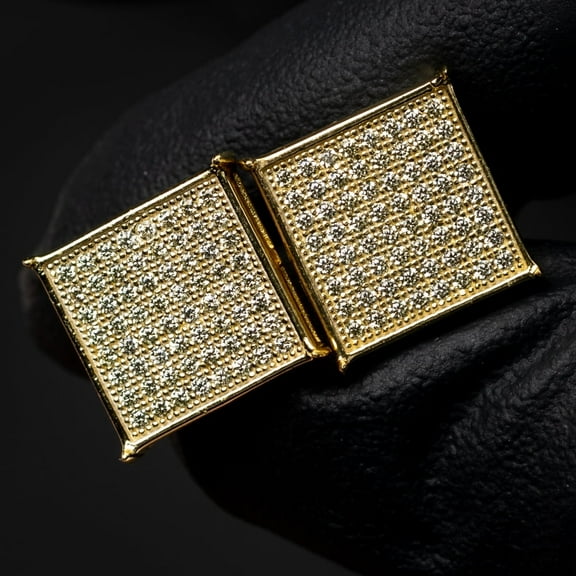 Large 14K Yellow Gold Plated 925 Sterling Silver Screw Post Mens Canary Yellow 5A Cz Big Square Flat Screen Iced Hip Hop Micro Pave  Stud  Earrings