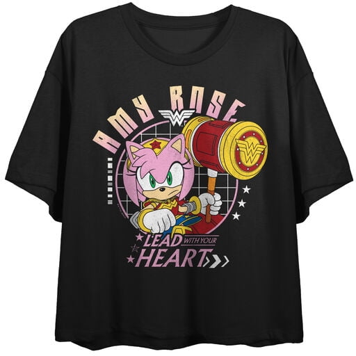 DC X Sega Amy Rose Lead With Your Heart Women's Black Crew Neck Short Sleeve Crop Top-Small