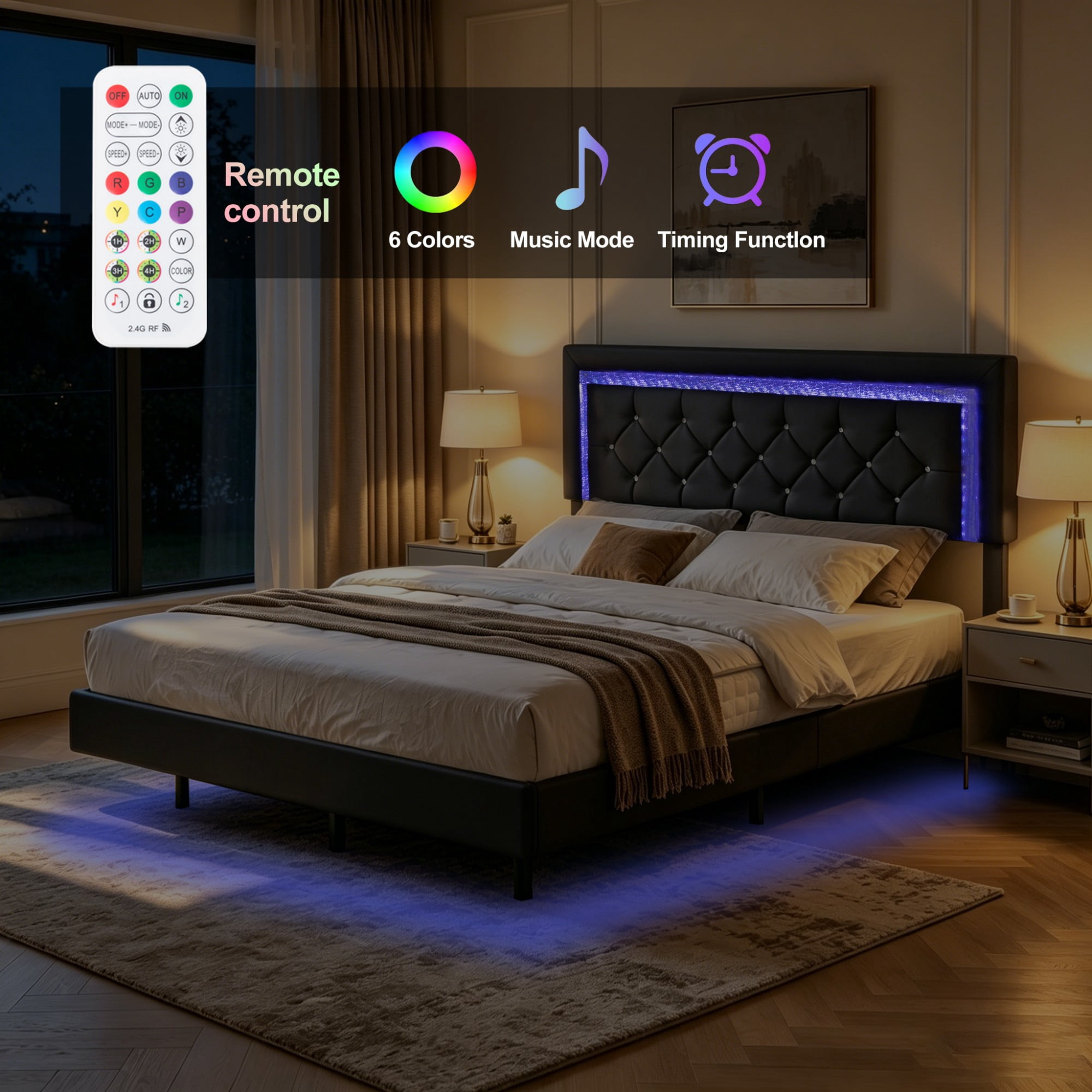 BSHTI Queen PU Platform Bed Frame with Upholstered Headboard, Colorful LED Lights, Wood Slat Support, No Box Spring Needed for Bedroom（Black）
