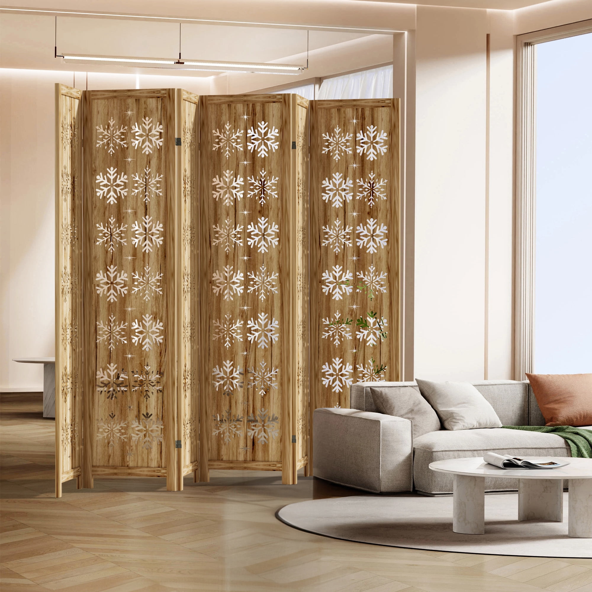 MAYEERTY 6-Piece 67×16" Natural Wood Privacy Panel Screen for Living Room, Snowflake Pattern