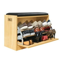 Collections Etc Wooden Shoe Cabinet Storage Bench w/Seat Cushion - Holds up to 12 Pairs, Natural