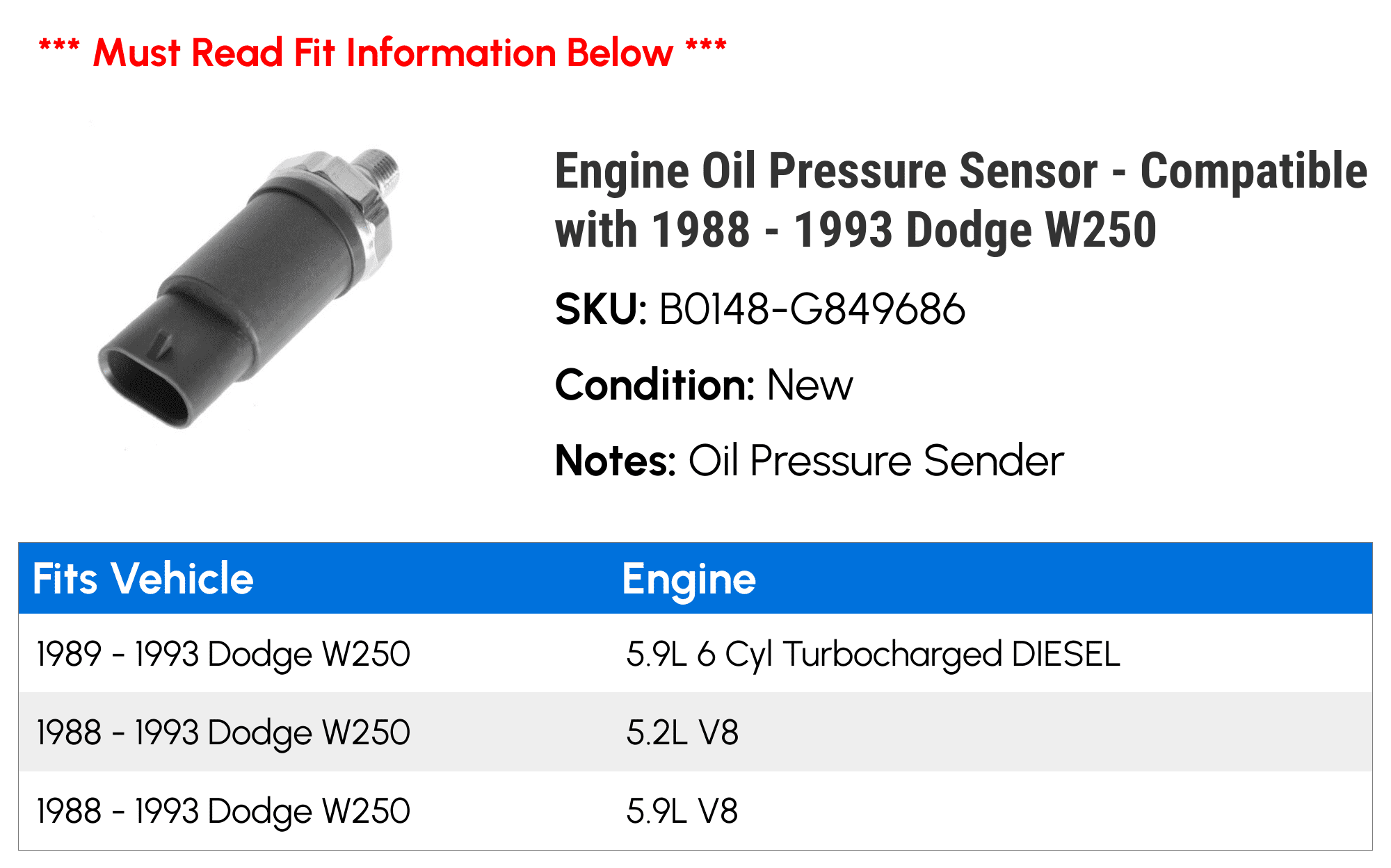 Engine Oil Pressure Sensor - Compatible with 1988 - 1993 Dodge W250 1989 1990 1991 1992