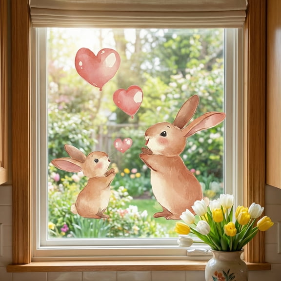 REGALWOVEN 24 PCS Happy Easter Bunny Window Clings, Rabbit and Heart Wall Stickers Self-Adhesive Decal Decorations for Home Light Brown 11.0 x 11.0 Inch