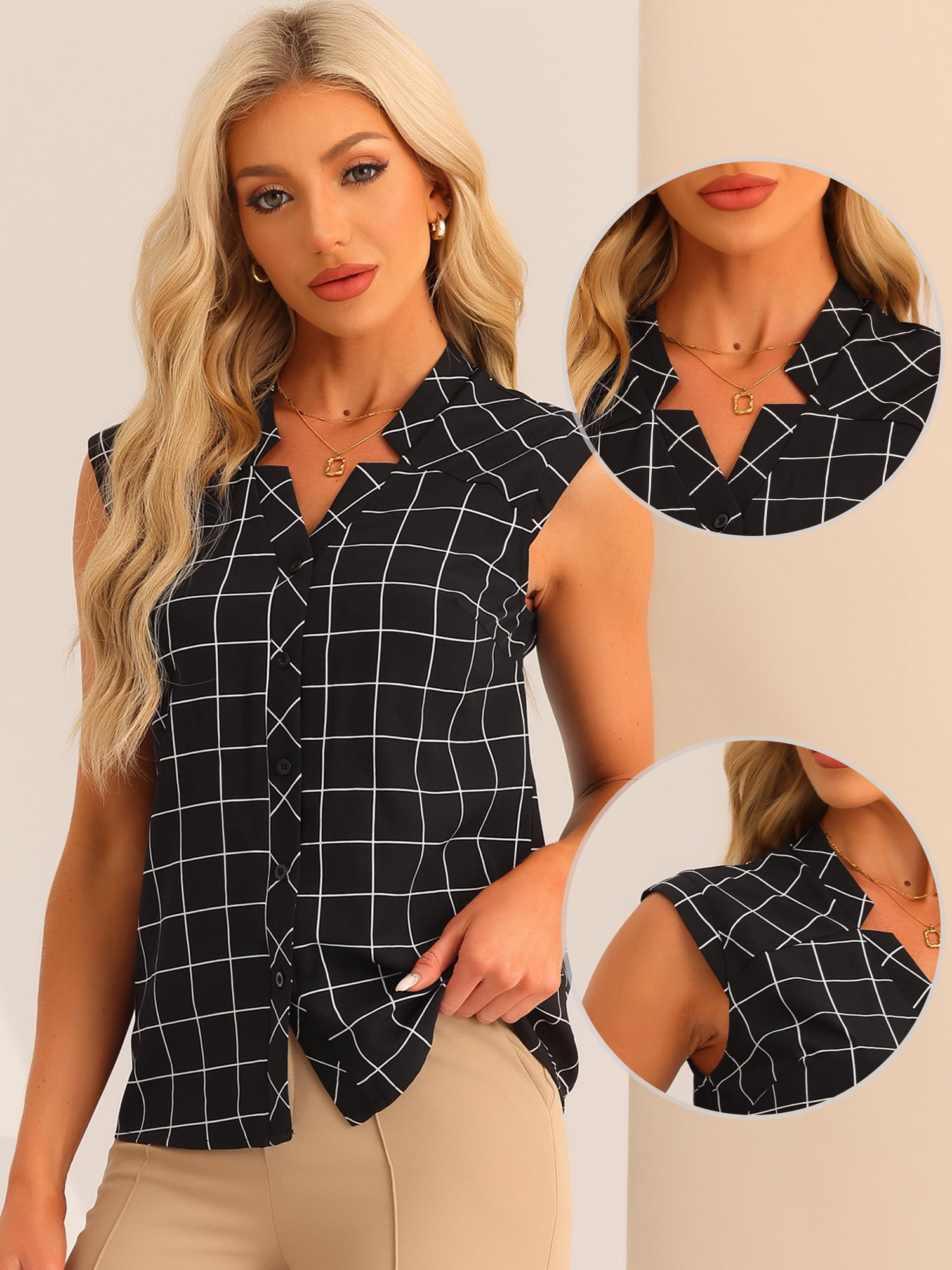 Unique Bargains Women's Sleeveless Button Down Tartan Shirt Casual Shirts Blouse L Black