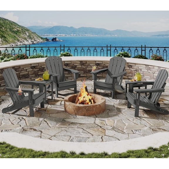 Garvee Folding Adirondack Chair Set of 4 with 2 Side Tables, All-Weather HDPE Patio Chairs Wood Grain Texture Cup Holders for Garden Deck Porch Backyard – Gray