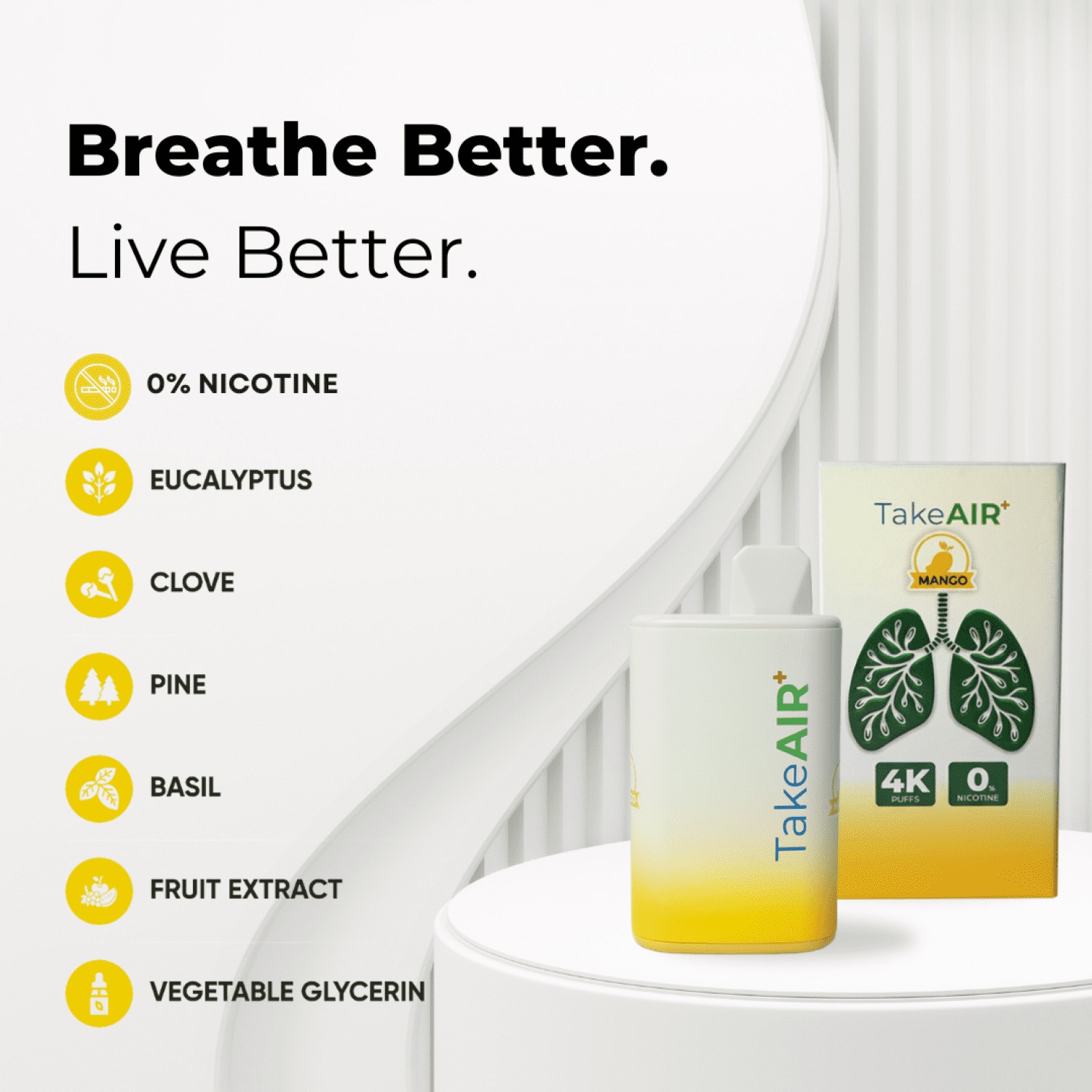 TakeAIR+ Nicotine-Free Diffuser Over 4K Puffs, All Natural, Smokeless Inhaler, Mango