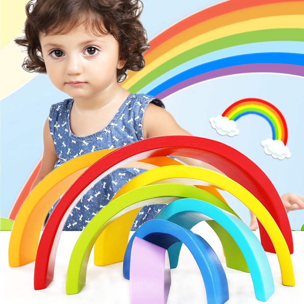 Set of 14pcs Wooden Rainbow Arch Blocks Stacking Game Handicraft Baby Toy 