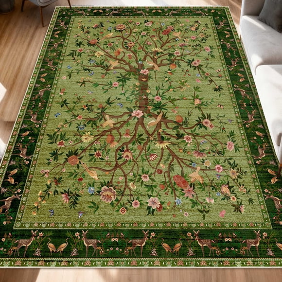 TANVILL Green Area Rugs 5x7, Machine Washable Non-Slip Rug, Boho Floral Botanical Soft Low Pile Throw Rugs for Living Room, Bedroom, Dining Room, Office