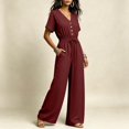 thumbnail image 5 of Women's V Neck Short Sleeve Jumpsuit Cinched Waist Casual One Piece Romper with Long Pants Summer Fashion Outfit Wine S(S), 5 of 6