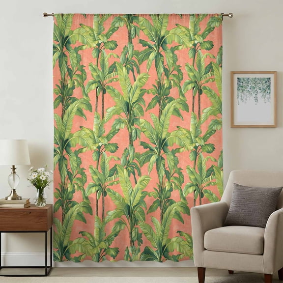 Palm Tree Tropical Sheer Curtains 96 Inches Long, Pink Summer Green Botanical Light Filering Curtains, Privacy Drapes Simi Floor to Veiling Curtain for Living Room Bedroom Large Window Treatment