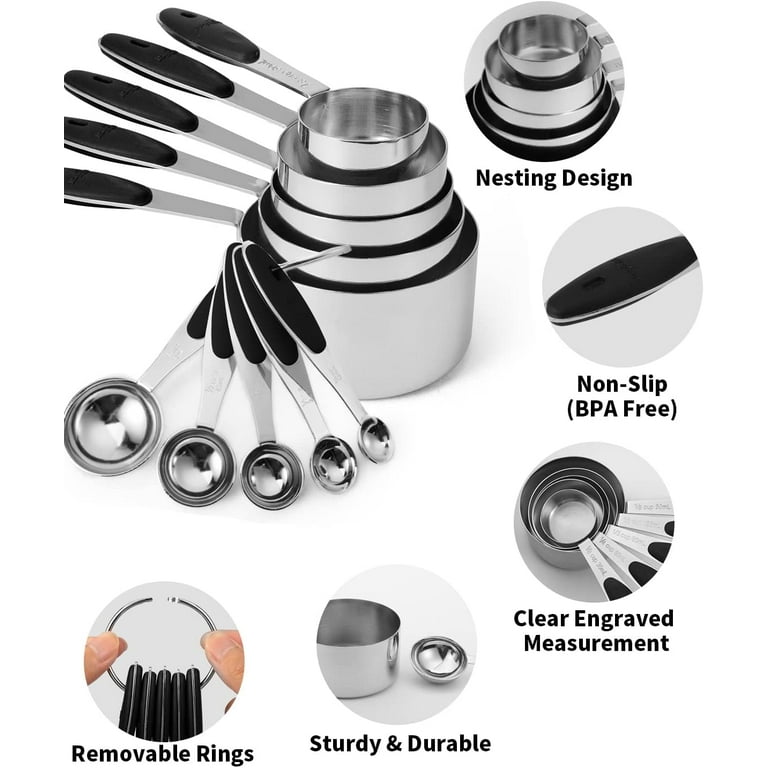 Stainless Steel Measuring Cups and Spoons Set of 10 Piece, Nesting Metal  Measuring Cups Set with Soft Touch Silicone Handles for Dry and Liquid  Ingredients, Cooking & Baking