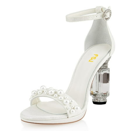 

FSJ Women Elegant Pearls Open Toe Rhinestone Platform Sandals Ankle Buckle Strap Crystal Block Chunky Heels Wedding Party Shoes Size 15 White