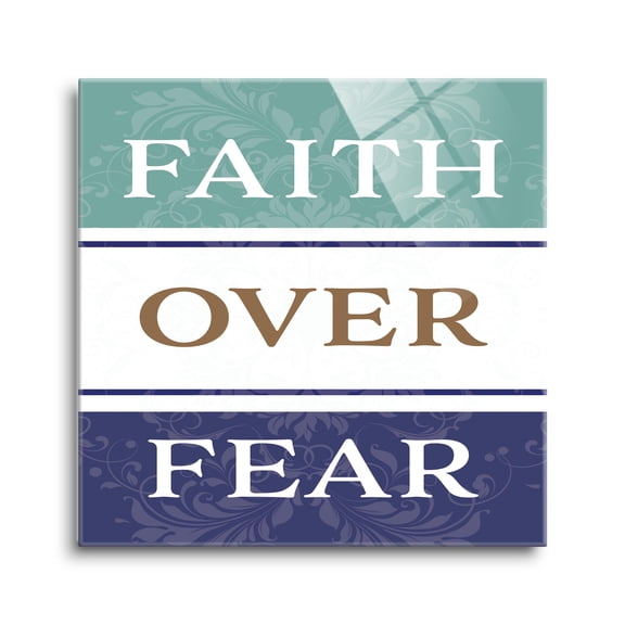 Faith Over Fear Purple Green Banner 24 x 24 Glass Wall Hanging Sign
