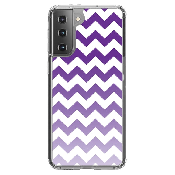 DistinctInk Clear Shockproof Hybrid Case for Galaxy S21  PLUS 5G (6.7" Screen) - TPU Bumper, Acrylic Back, Tempered Glass Screen Protector - White Purple Fade Ombré Chevron Stripes