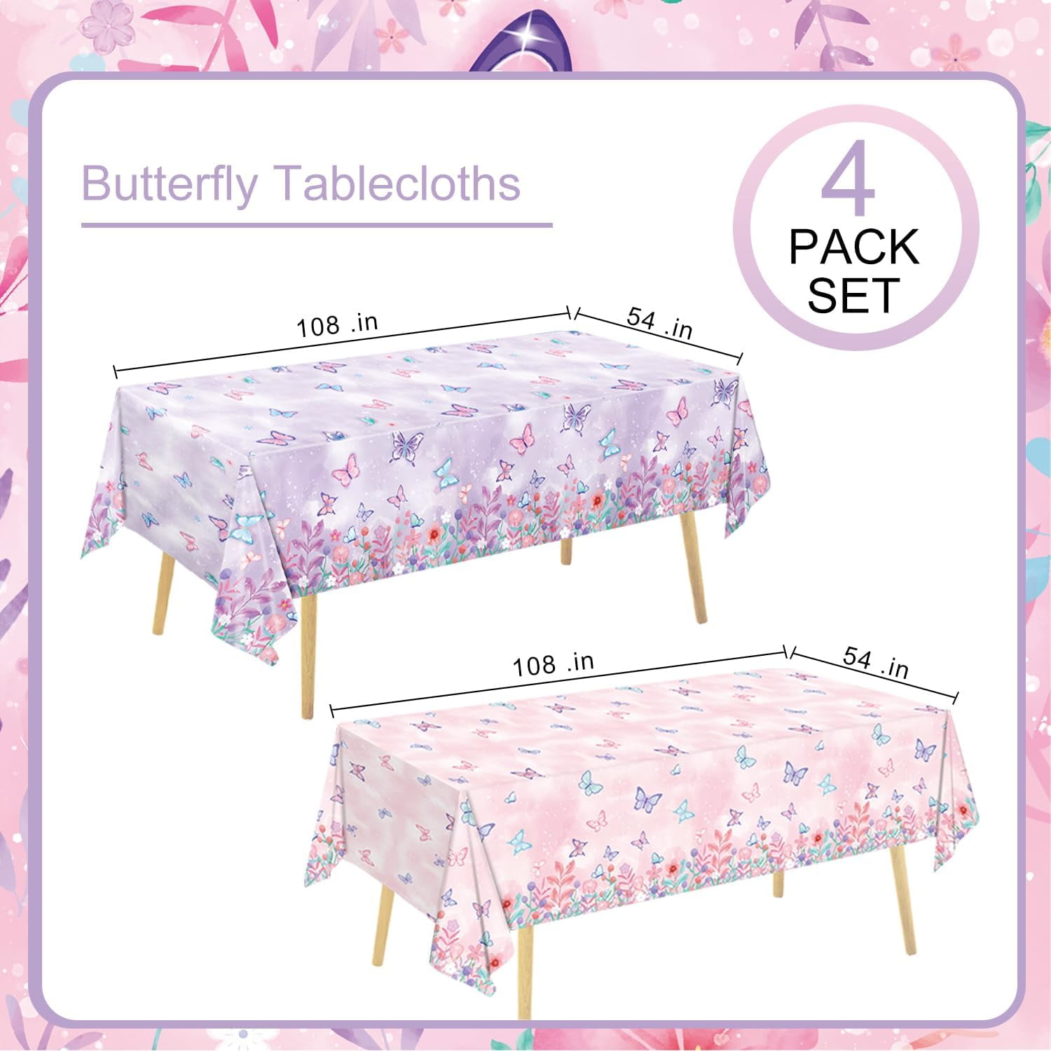 Disposable Butterfly Tablecloth Set, 4 Pack 54 X 108 Inch Plastic Table Covers For Kids And Girls Birthday Party Decorations, Butterfly Theme