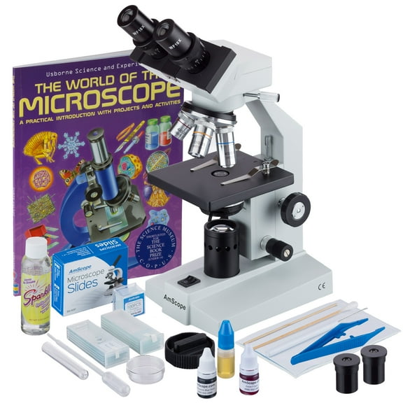 AmScope Binocular Biological Microscope 40X-2500X with Extensive Slide Preparation Kit and Book New